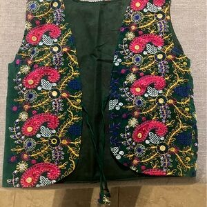 Embroidered Green Banjara Bohemian Vest with Pink Paisley Floral Motif